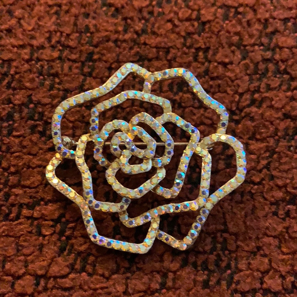 White rainbow crystal rose pin/ brooch